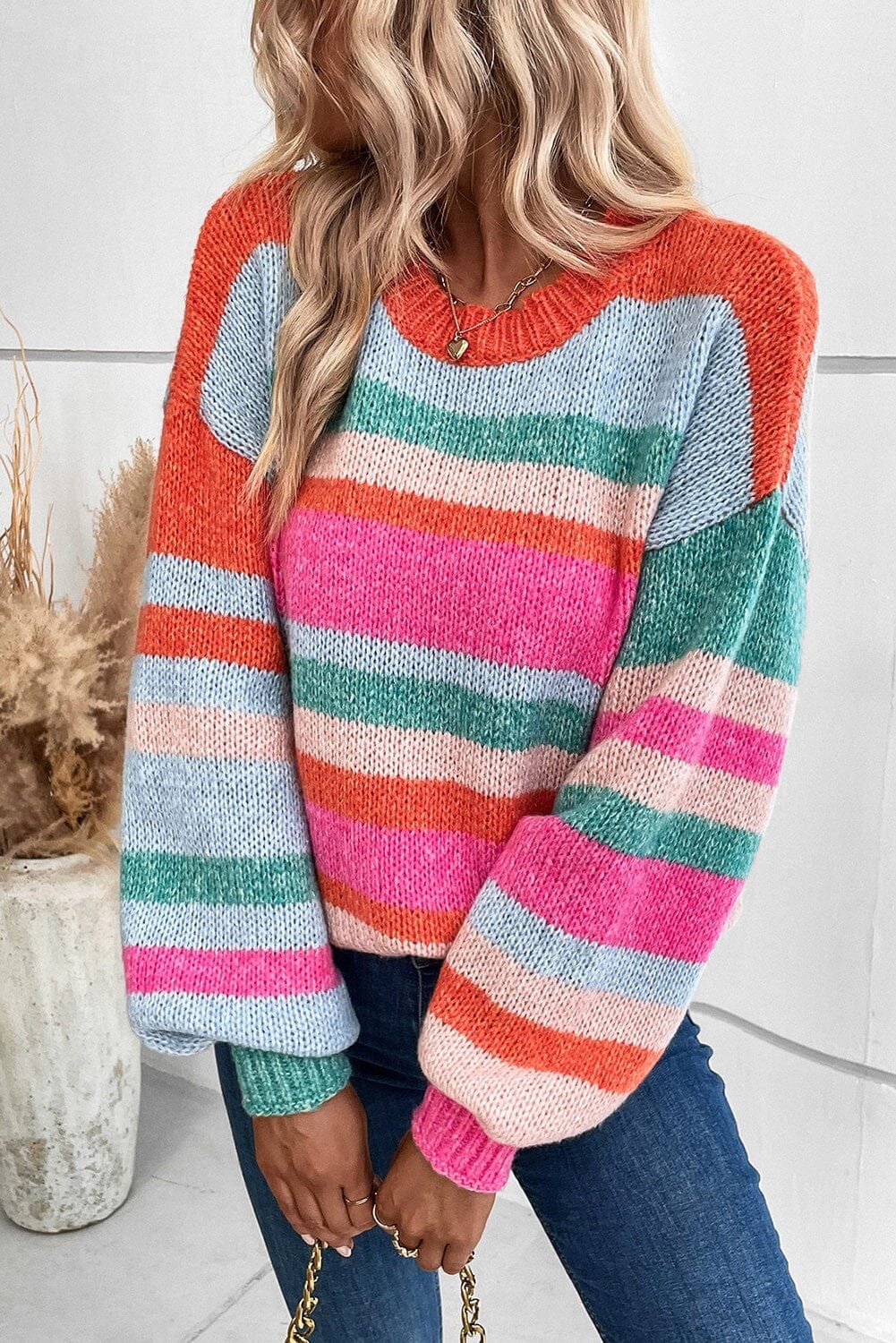 Striped Knit Drop Shoulder Puff Sleeve Sweater Shewin