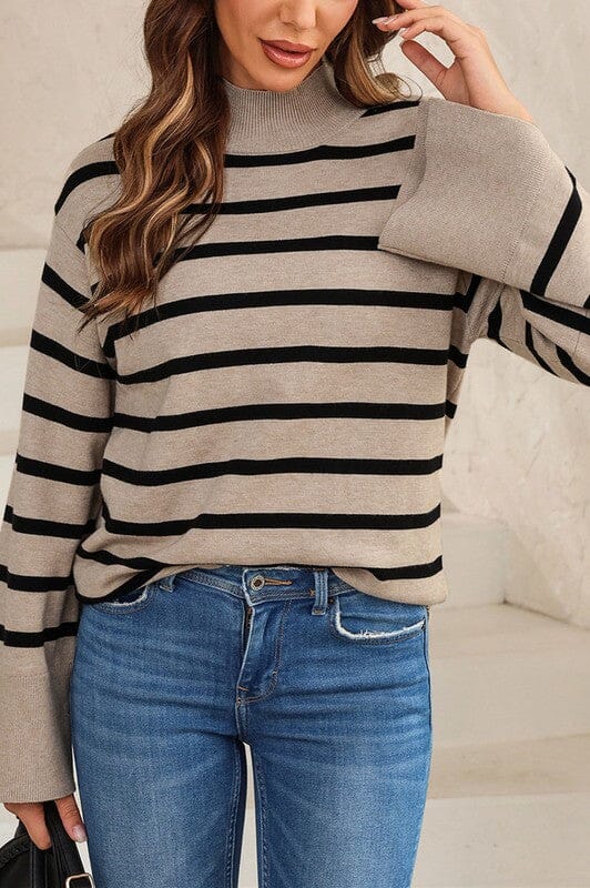 Striped Mock Neck Sweater with Split Sleeve Detail Kentce