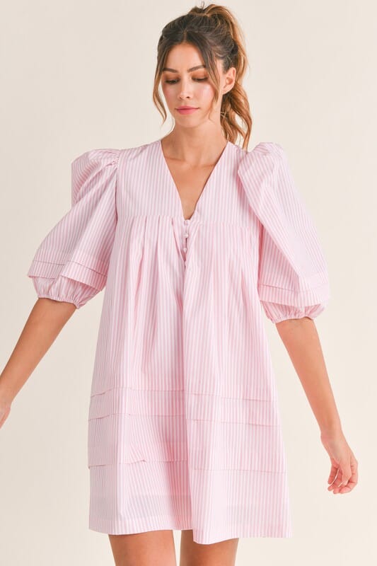 Striped Puff Sleeve Pleat Detail Dress Mable