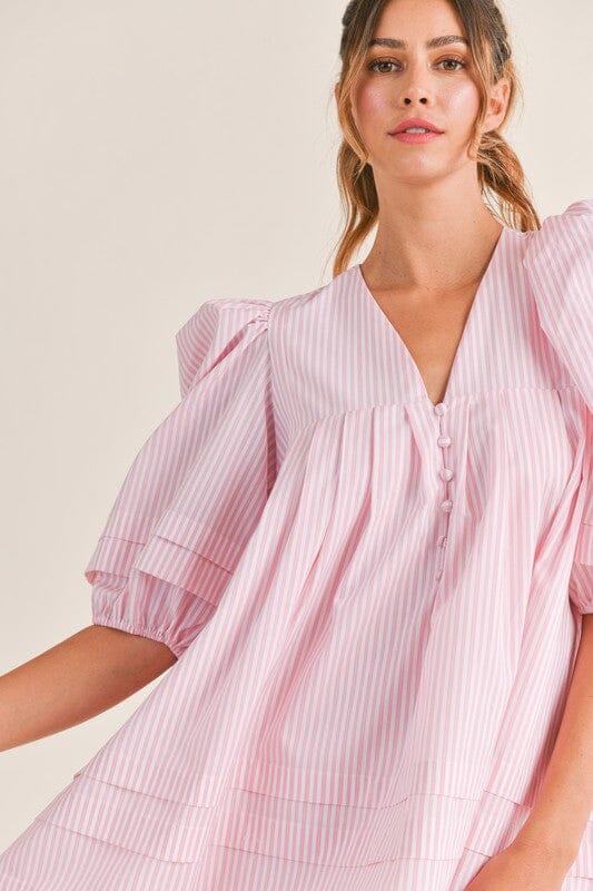 Striped Puff Sleeve Pleat Detail Dress Mable