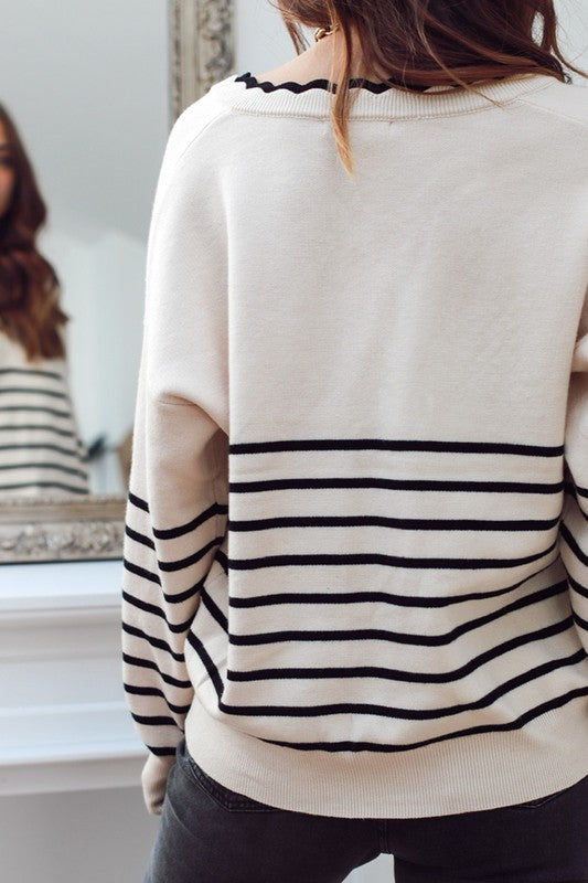 Striped Scalloped Neck Sweater Shiying