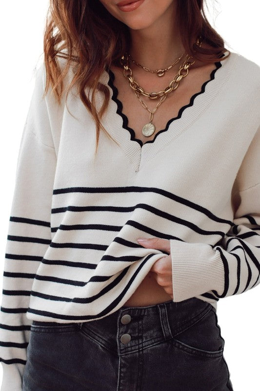 Striped Scalloped Neck Sweater Shiying