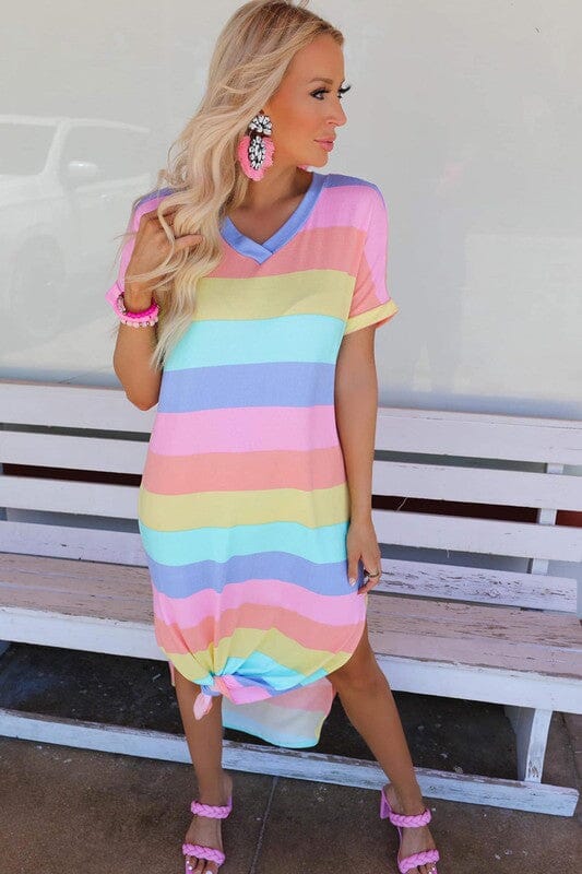 Striped Side Split V Neck T Shirt Dress Pastel Rainbow Youmi
