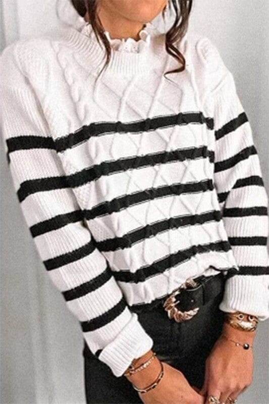 Striped Sweater with Layered Lace Neck cezele