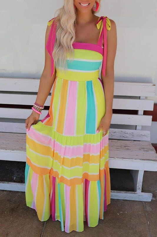 Striped Tie Shoulder Maxi Dress Shewin
