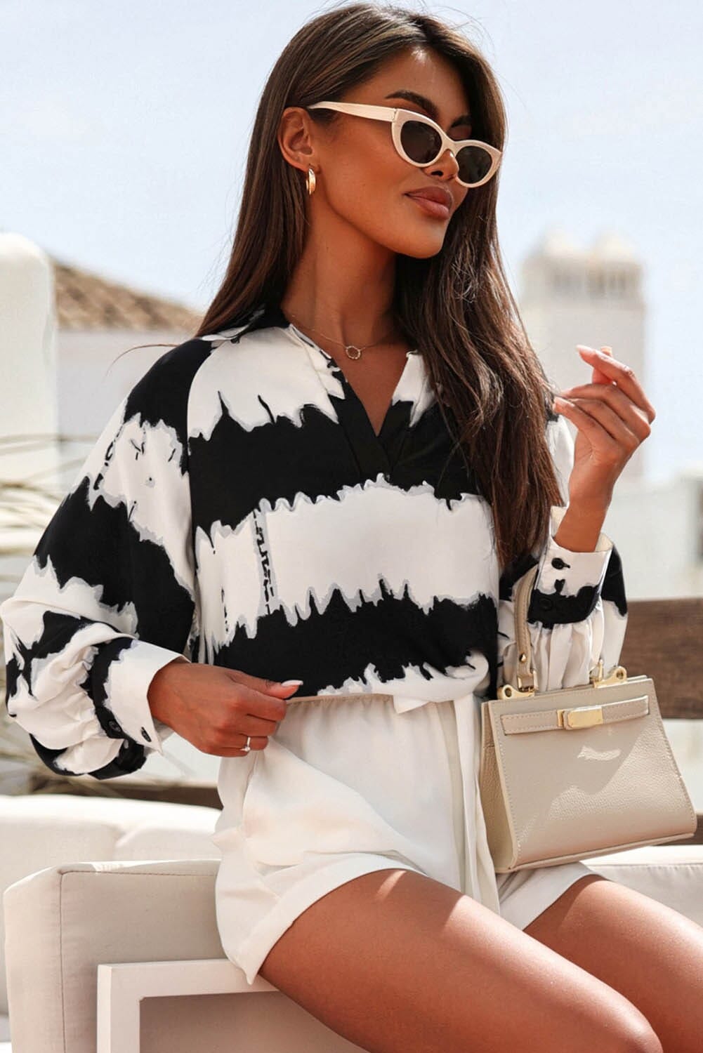 Striped Turn Down Collar Balloon Sleeve Blouse Kentce