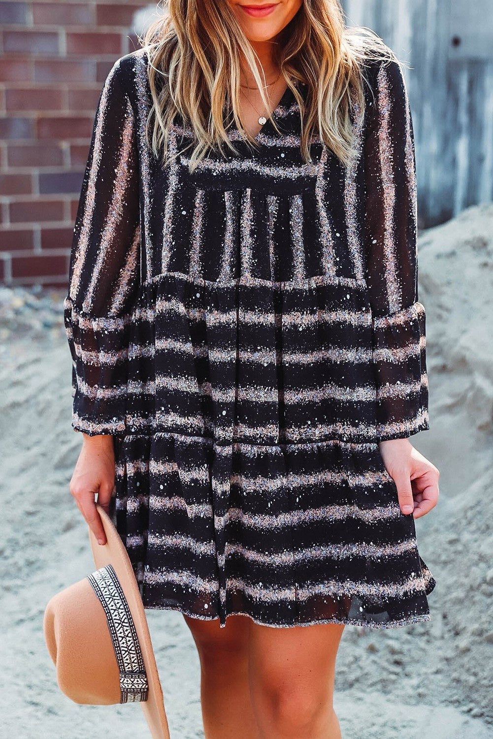 Striped V Neck Shift Dress Shewin