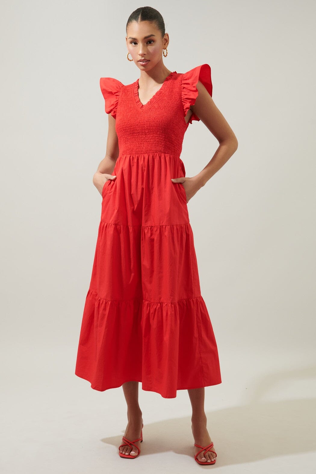 Sunfire Smocked Bodice Tiered Midi Dress Sugarlips