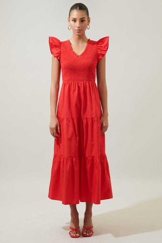 Sunfire Smocked Bodice Tiered Midi Dress Sugarlips