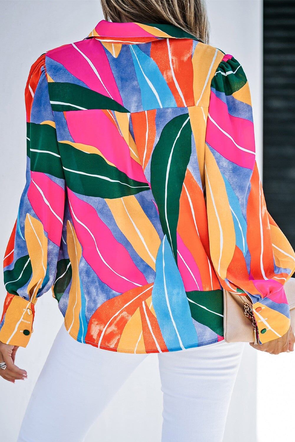 Swirl Color Block Print Lantern Sleeve Blouse Shewin