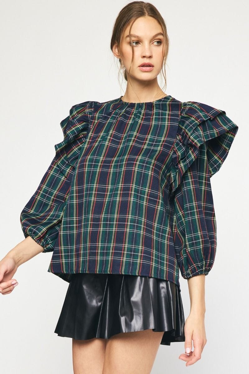 Tartan 3/4 Flutter Sleeve Top entro