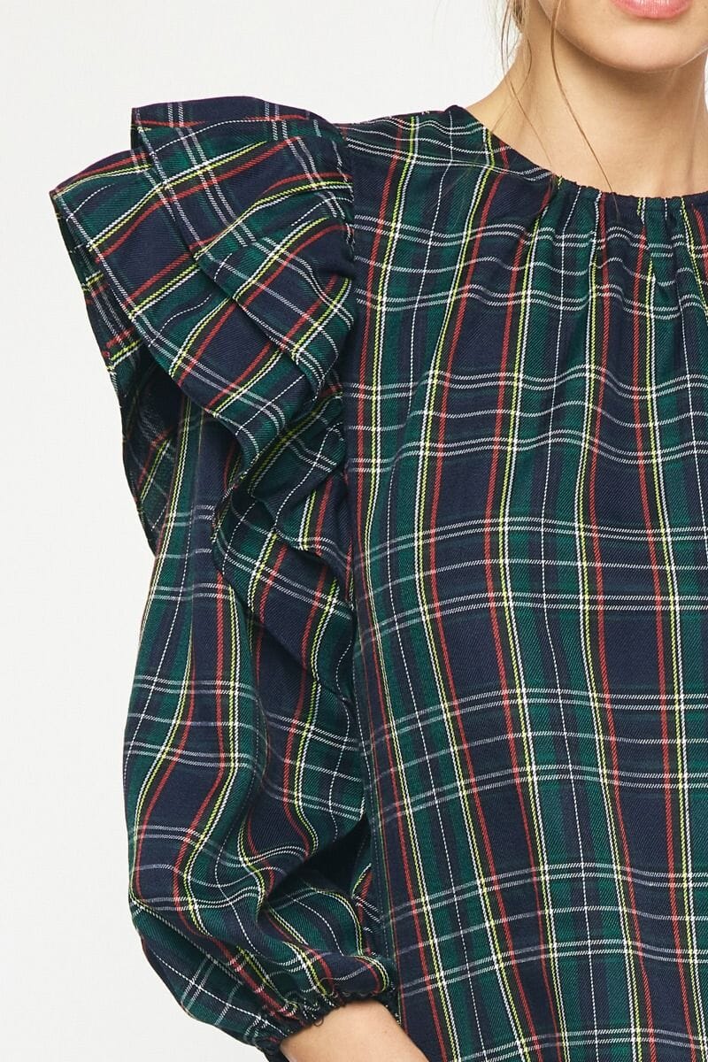 Tartan 3/4 Flutter Sleeve Top entro