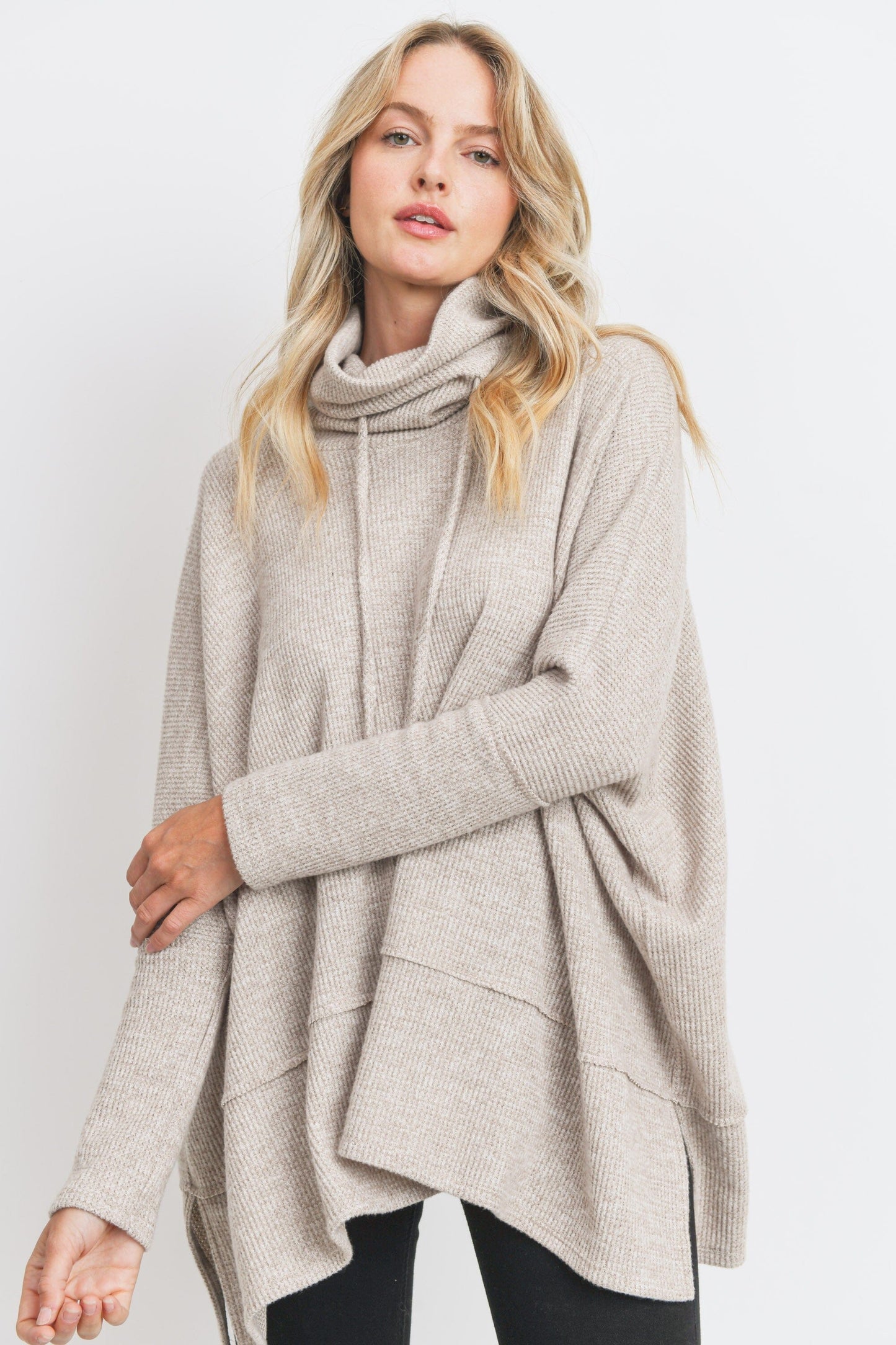 Taupe Brushed Mini Thermal Drawstring Neck Top cherish