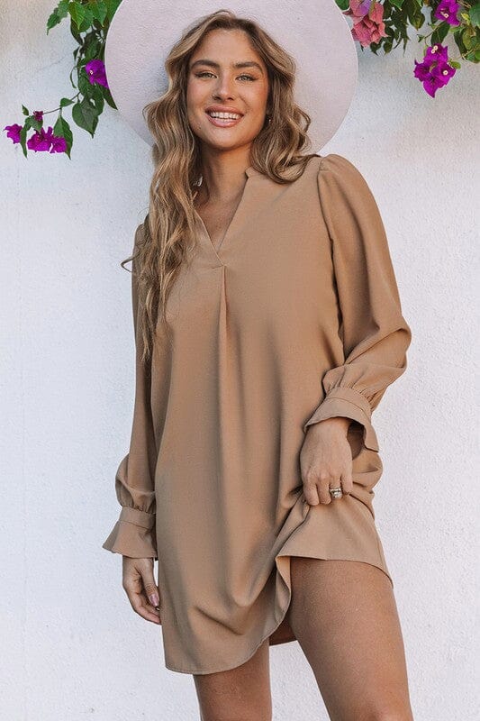 Taupe Longsleeve Solid Shift Dress Shewin
