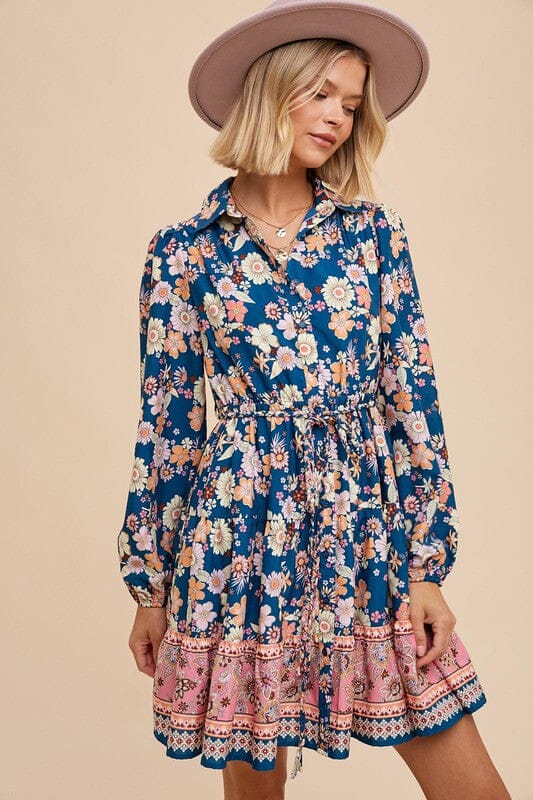 Teal Border Print Dress In Loom