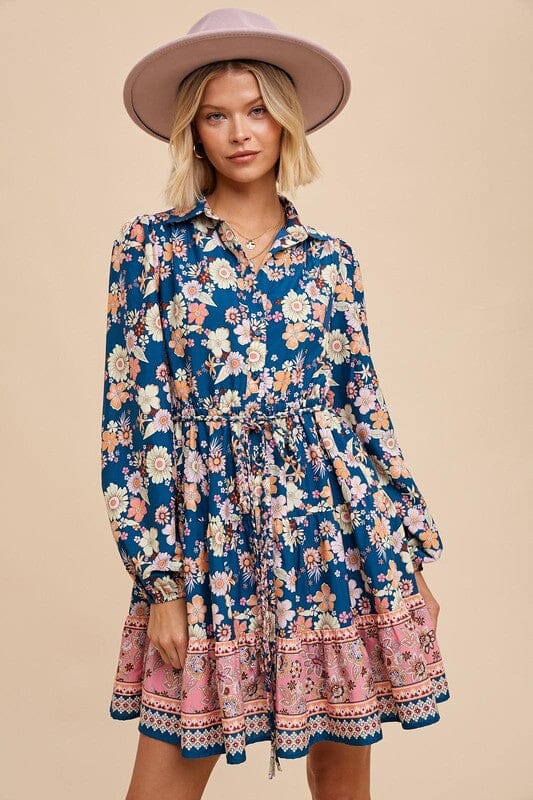 Teal Border Print Dress In Loom