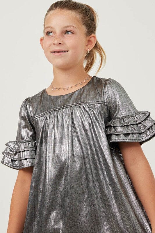 Textured Iridescent Layered Ruffle Sleeve Dress Hayden Los Angeles