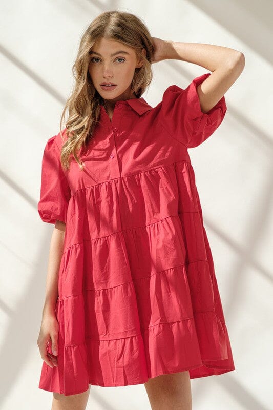 Tiered Poplin Puff Sleeve Dress Blue B