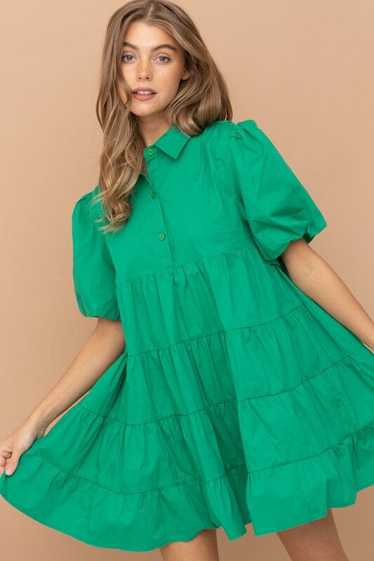 Tiered Poplin Puff Sleeve Dress Blue B