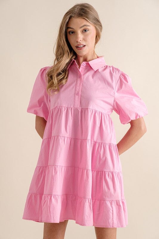 Tiered Poplin Puff Sleeve Dress Blue B