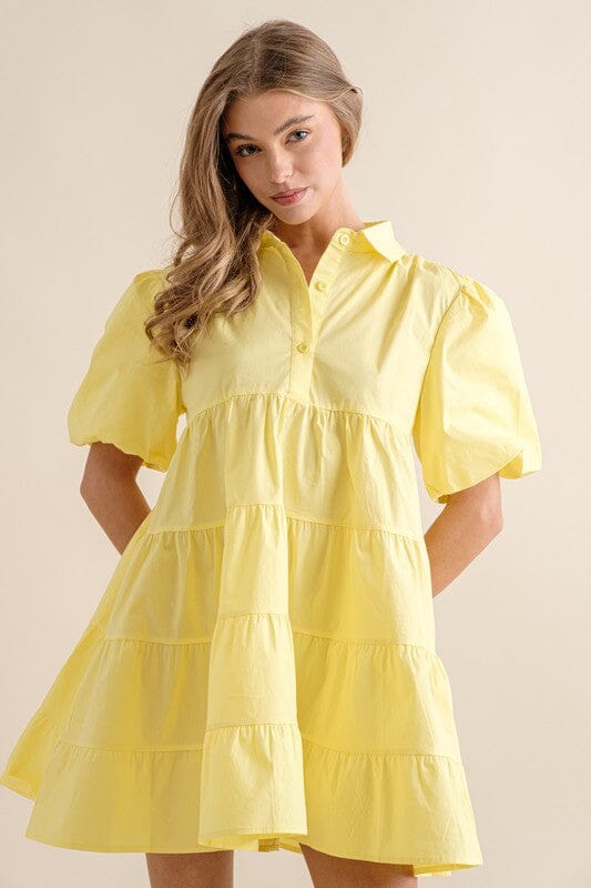 Tiered Poplin Puff Sleeve Dress Blue B