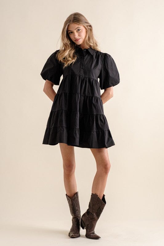 Tiered Puff Sleeve Poplin Dress Blue B