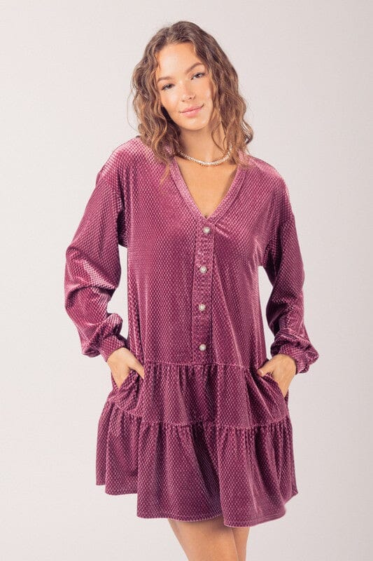 Tiered Velvet Dress with Buttons Very J