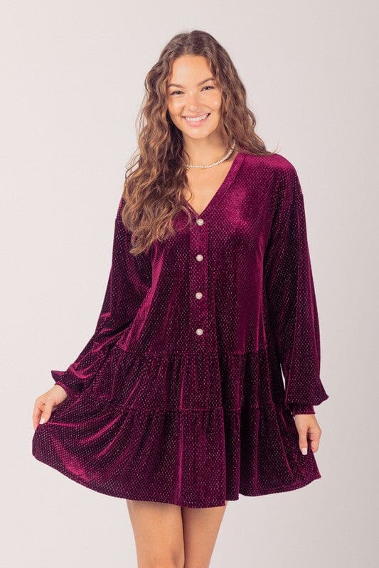 Tiered Velvet Dress with Buttons Very J