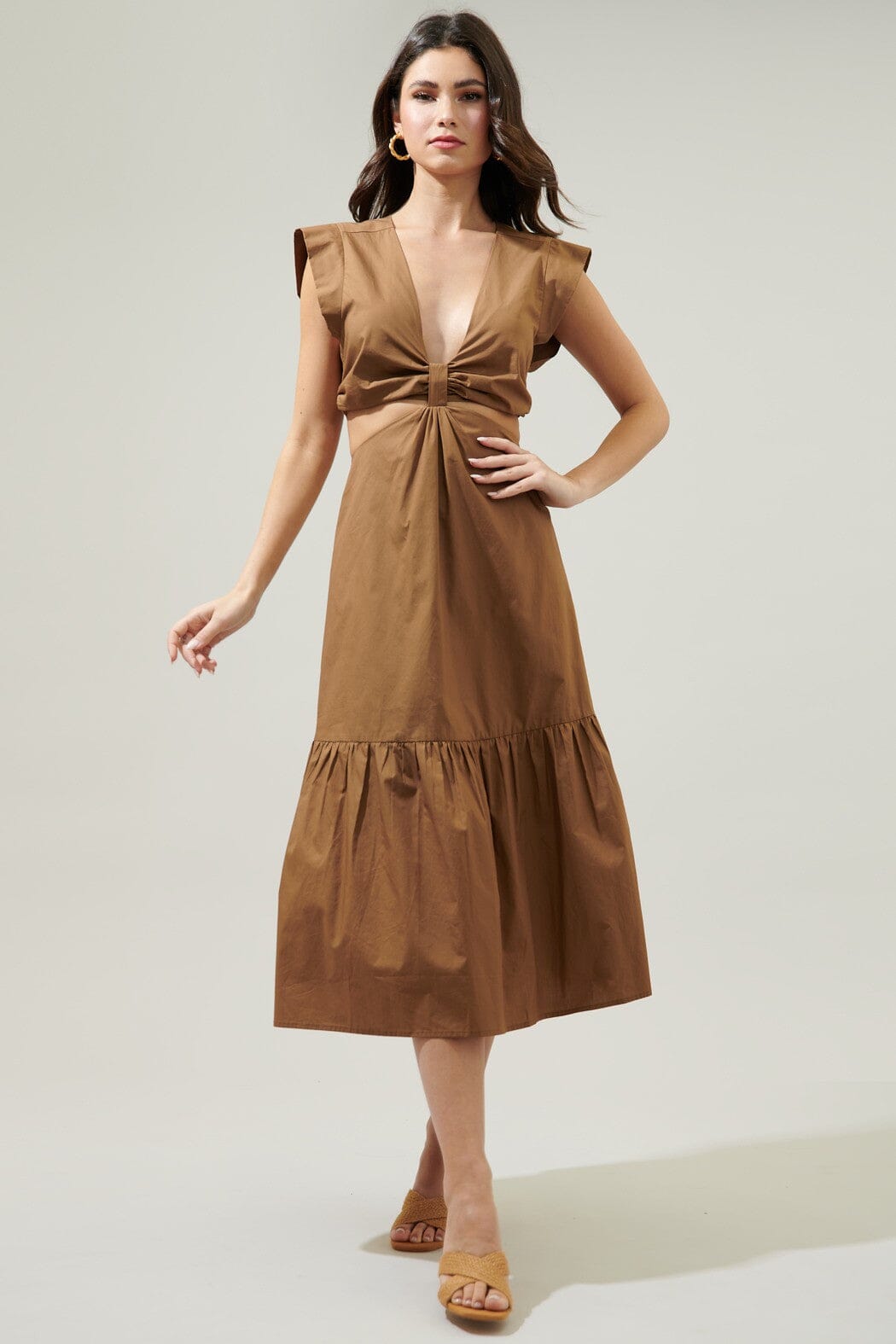 Torie Cut Out Poplin Midi Dress Tan Sugarlips