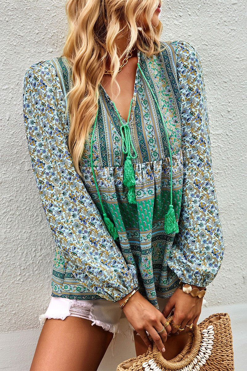 V Neck Drawstring Floral Loose Fit Top supreme fashion