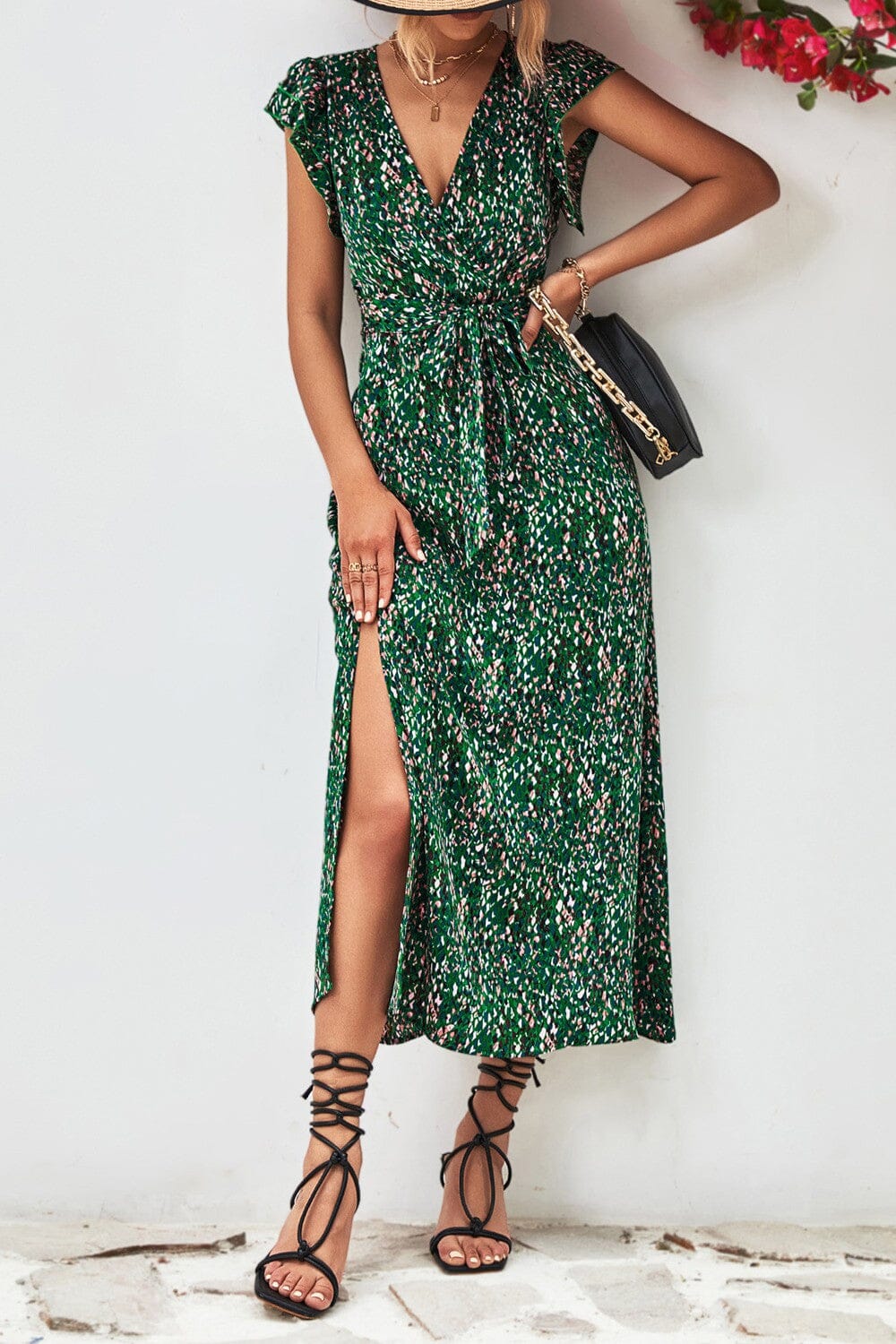 V-Neck Print Pleated Slit Maxi Dress shoppingwill