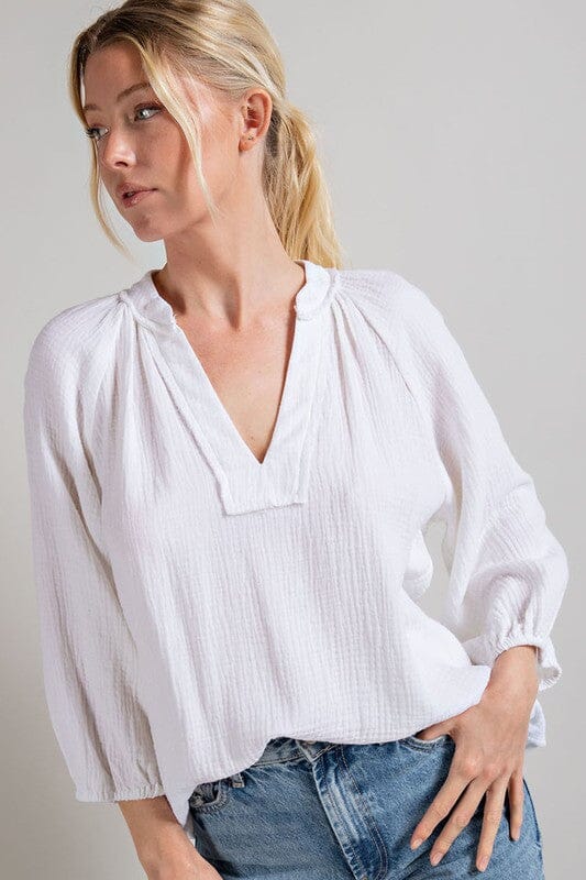 V-Neck Puff Sleeve Gauze Cotton Top Eesome