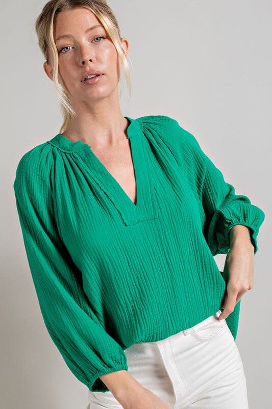 V-Neck Puff Sleeve Gauze Cotton Top Eesome