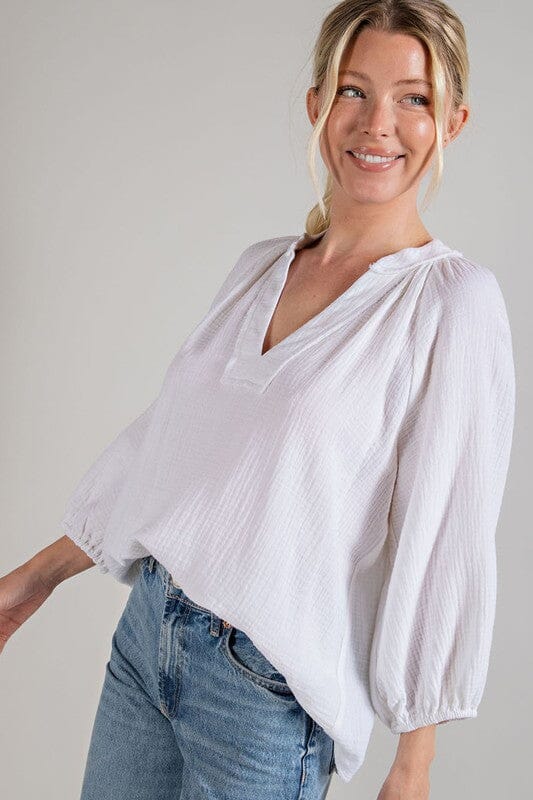 V-Neck Puff Sleeve Gauze Cotton Top Eesome