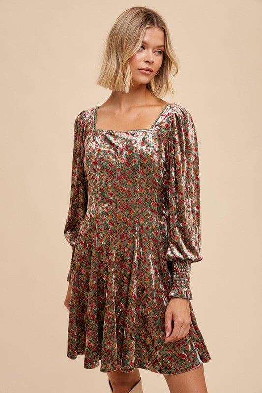 Velvet Square Neck Smocked Sleeve Dress In Loom