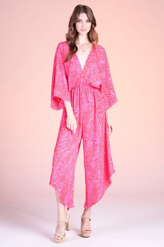 Vivid Leopard Slanted Hem Kimono Jumpsuit tyche