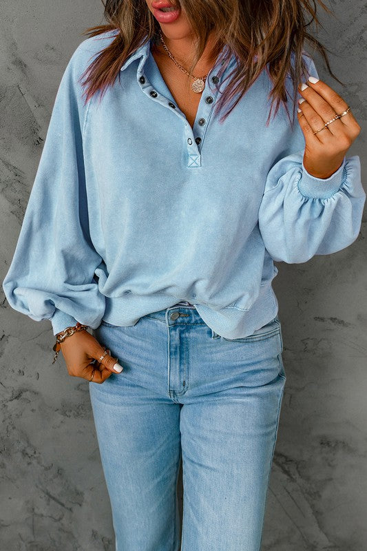 Washed Snap Lantern Sleeve Pullover Sweatshirt Kentce
