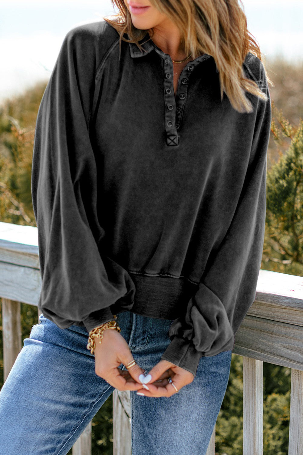 Washed Snap Lantern Sleeve Pullover Sweatshirt Kentce