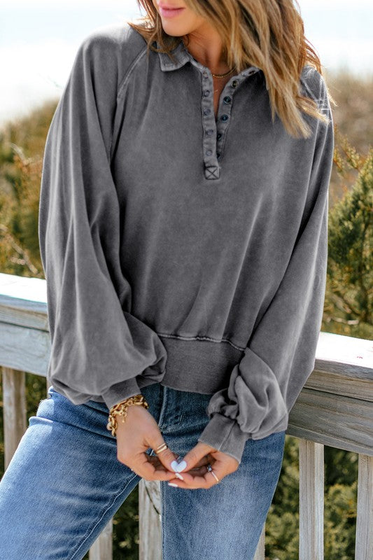 Washed Snap Lantern Sleeve Pullover Sweatshirt Kentce