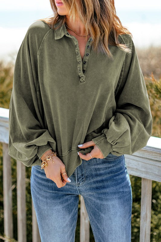Washed Snap Lantern Sleeve Pullover Sweatshirt Kentce