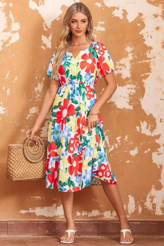 White Bold Floral Midi Dress Kentce