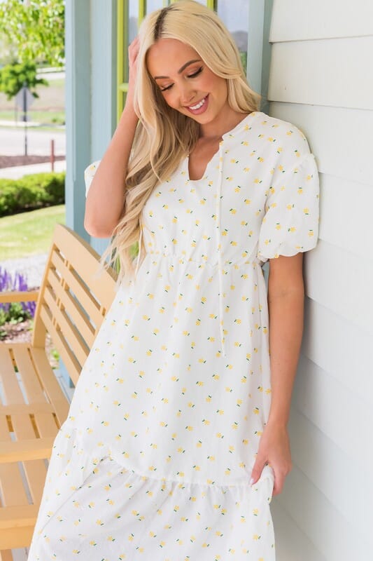 White Dress with Yellow Flowers Kentce