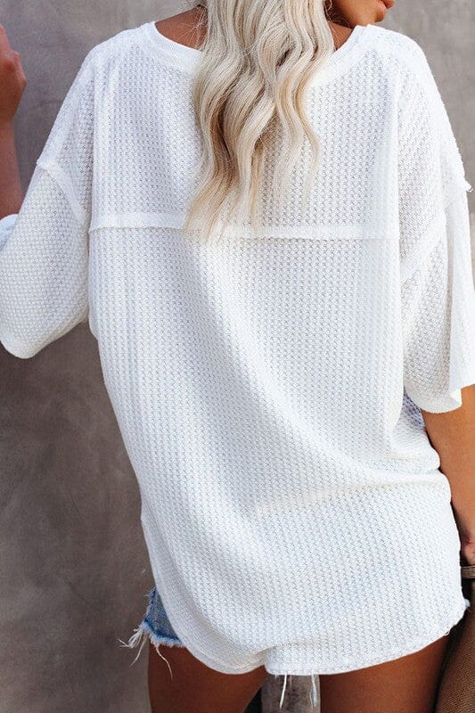 White Waffle Knit Drop Shoulder Top Youmi