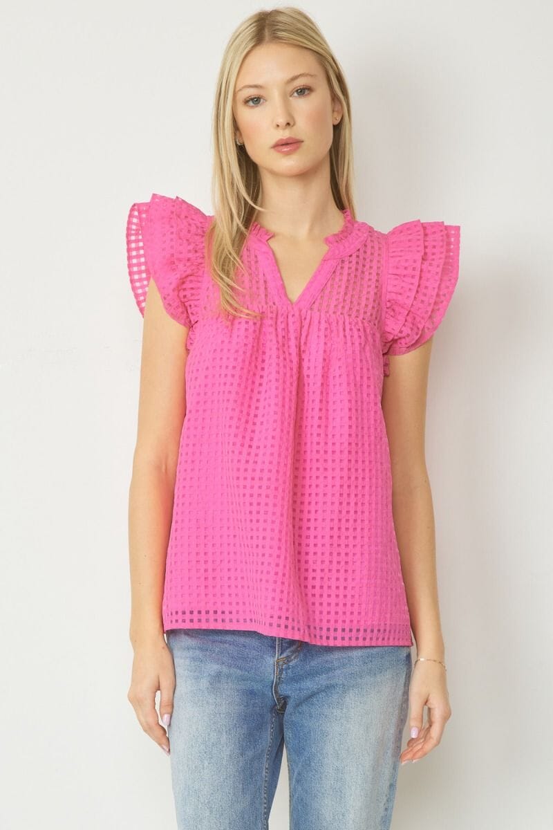 Windowpane Flutter Sleeve Top entro