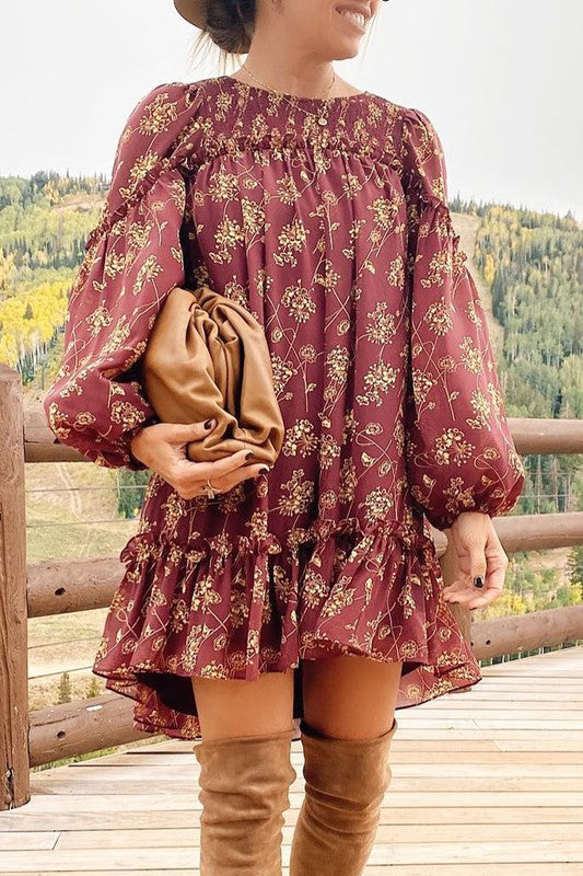 Wine Fall Floral Babydoll Dress SNAP-Something New And Pretty Wine Fall Floral Babydoll Dress SNAP-Something New And Pretty