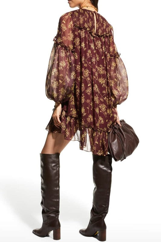 Wine Fall Floral Babydoll Dress Shiying