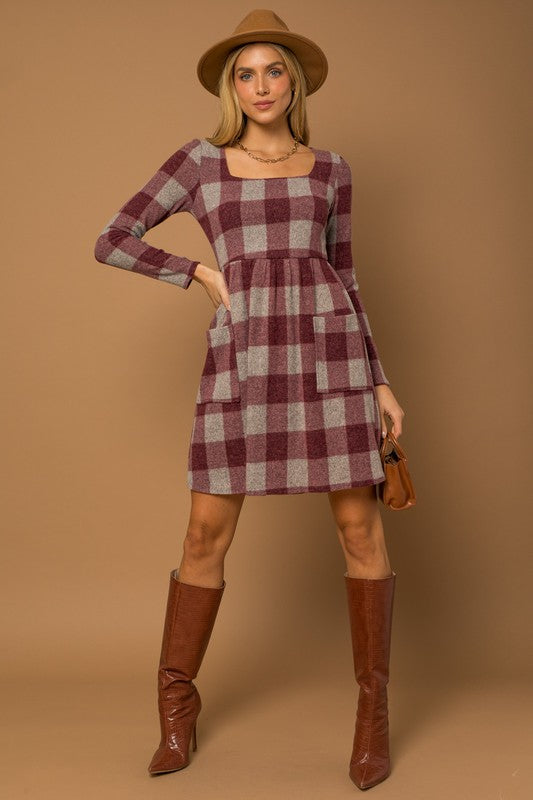 Wine Plaid Front Pocket Dress Gilli