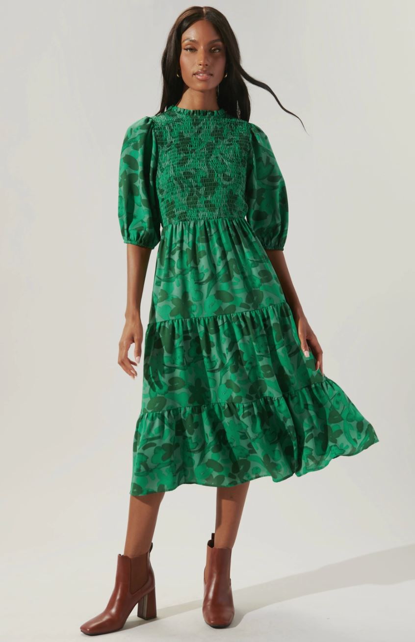 Yeraldi Floral Frazier Smocked Tiered Midi Dress Sugarlips