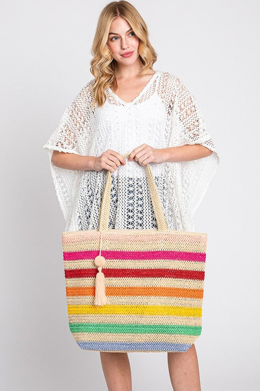 Rainbow Stripe Straw Tote