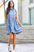 Chambray Ruffle Neck Tiered Dress